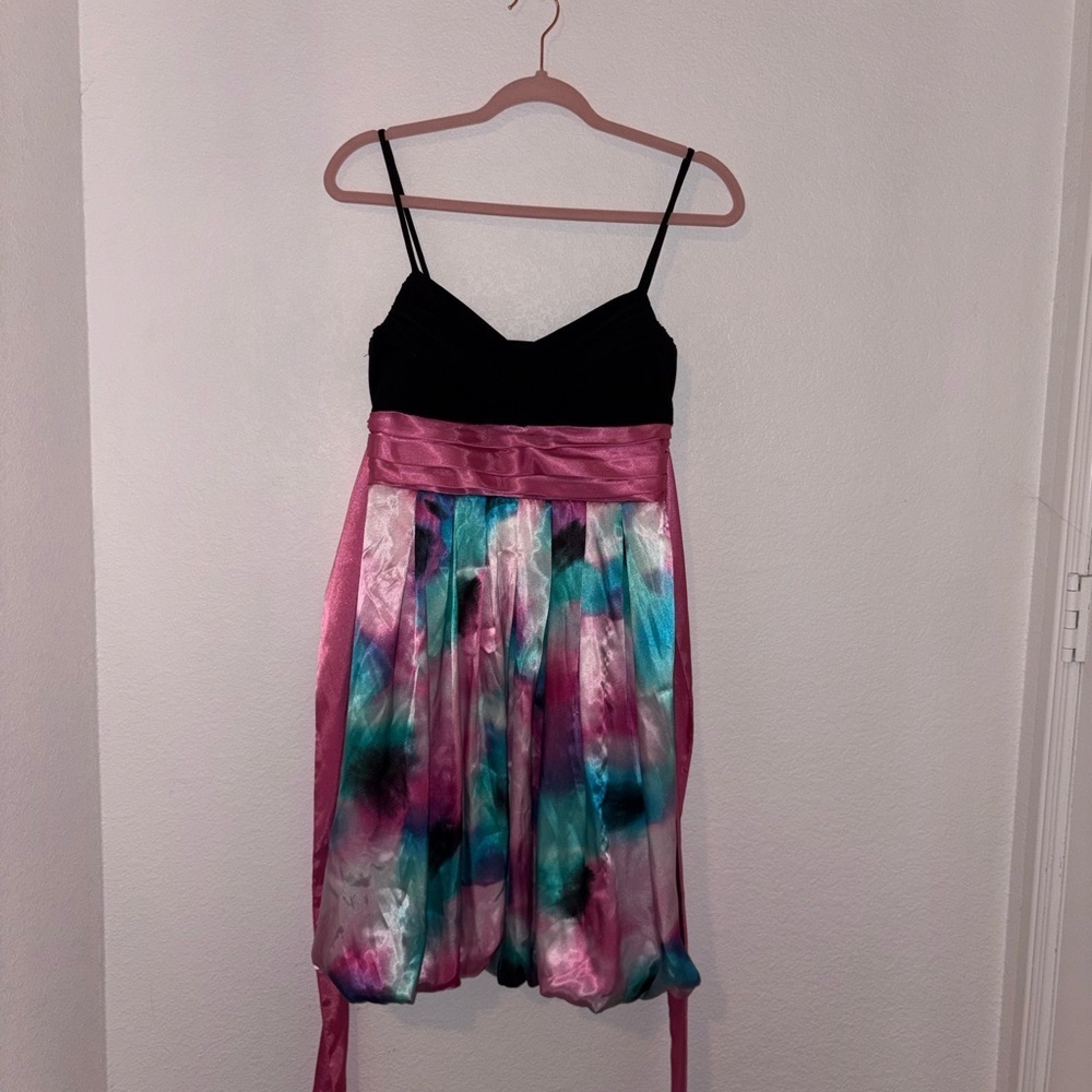 City Triangles Black Bodice Pink Sash Multicolor Watercolor Dress